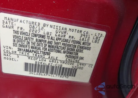 2012 Nissan Sentra 2.0 z USA, uszkodzony, nr VIN 3N1AB6AP4CL778292